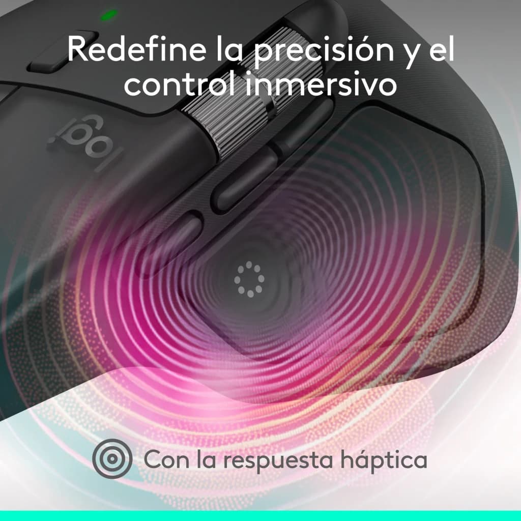 Logitech Rato MX Master 4 Grafite, detalhe superior: roda de deslocamento e botões laterais com efeito háptico