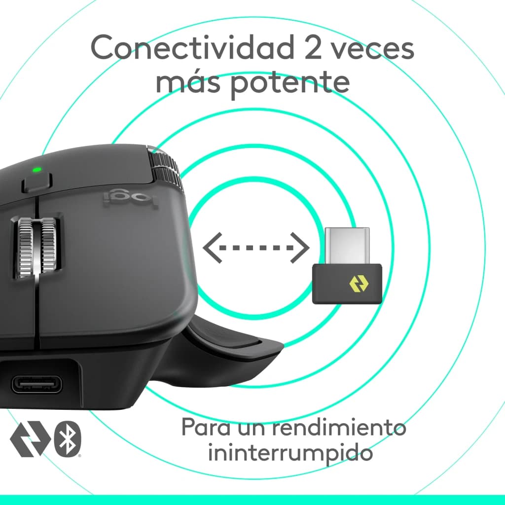 Logitech Rato MX Master 4 Grafite, vista lateral esquerda: receptor USB Logi Bolt e conectividade sem fios em destaque