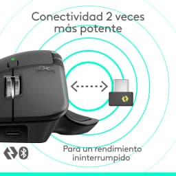 Logitech Rato MX Master 4 Grafite, vista lateral esquerda: receptor USB Logi Bolt e conectividade sem fios em destaque