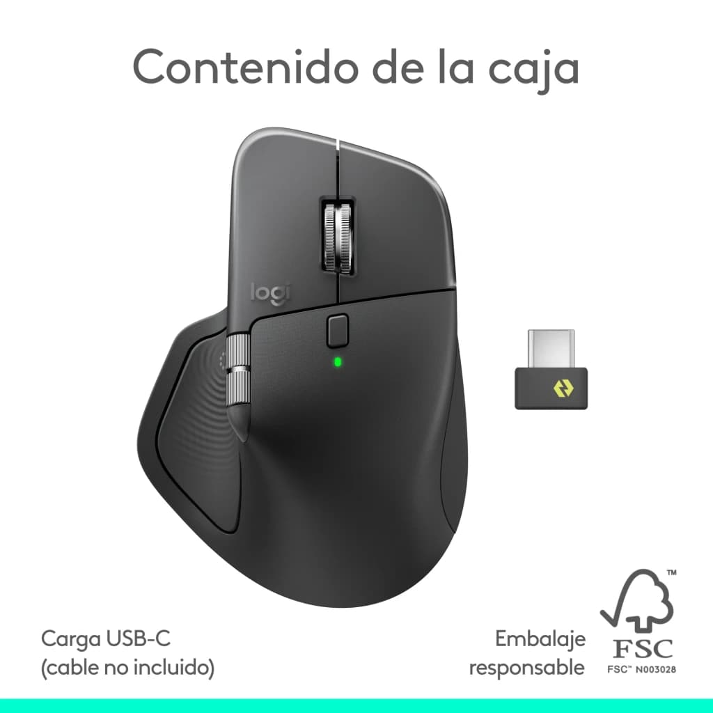 Logitech Rato MX Master 4 Grafite, conteúdo da caixa: rato vista superior e recetor USB-C Bolt incluídos
