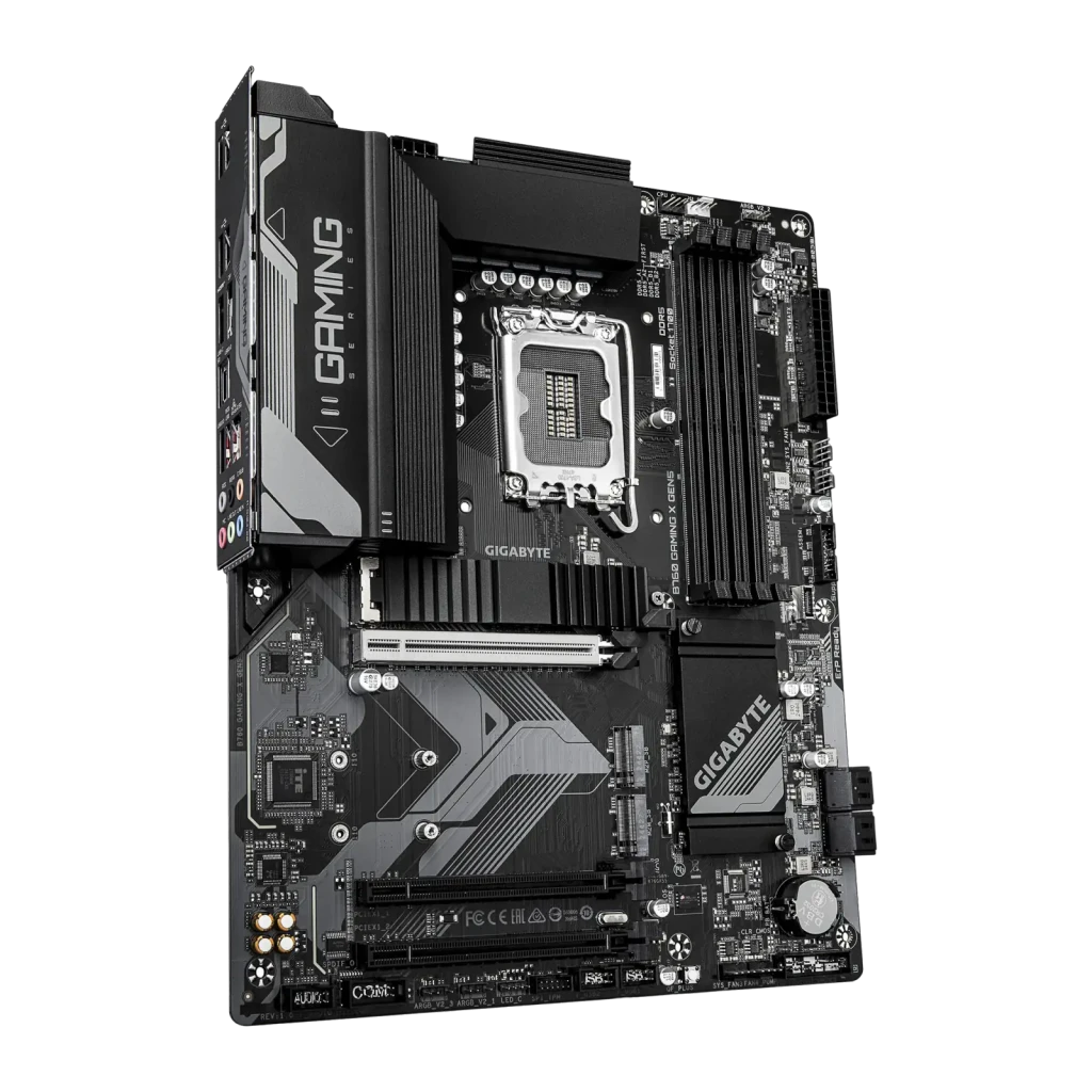 Gigabyte B760 Gaming X Gen5, vista com caixa: placa-mãe preta ao lado de caixa laranja gaming - Item2