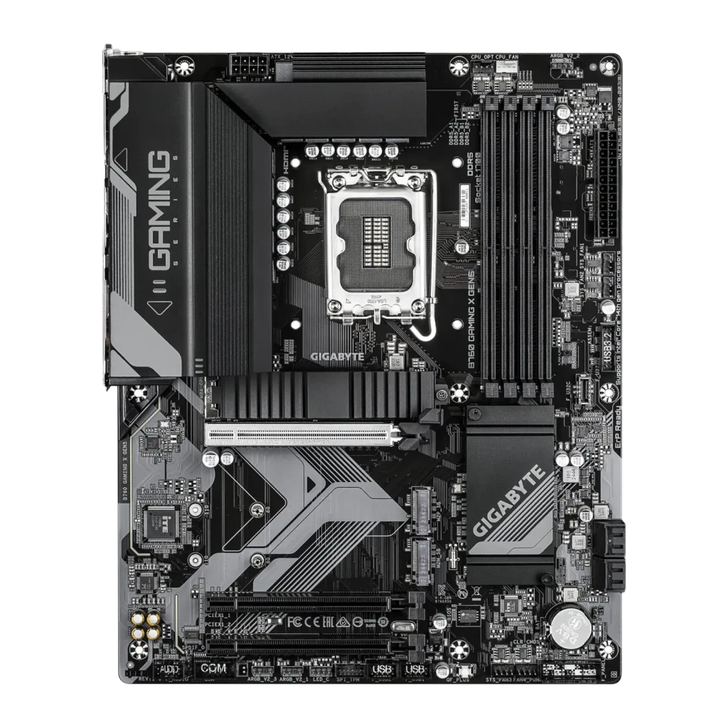 Gigabyte B760 Gaming X Gen5, vista com caixa: placa-mãe preta ao lado de caixa laranja gaming - Item1