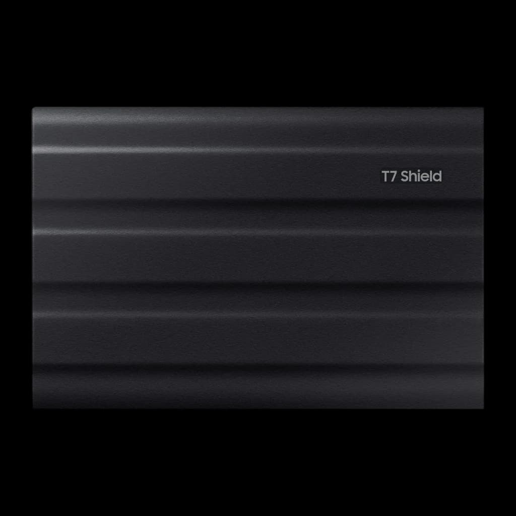 Samsung T7 Shield 2TB noir, vue de face: surface nervurée texturée avec logo T7 Shield en bas à droite