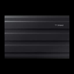 Samsung T7 Shield 2TB noir, vue de face: surface nervurée texturée avec logo T7 Shield en bas à droite