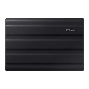 Samsung T7 Shield 2TB negro, vista frontal: superficie acanalada texturizada con logo T7 Shield en esquina inferior derecha