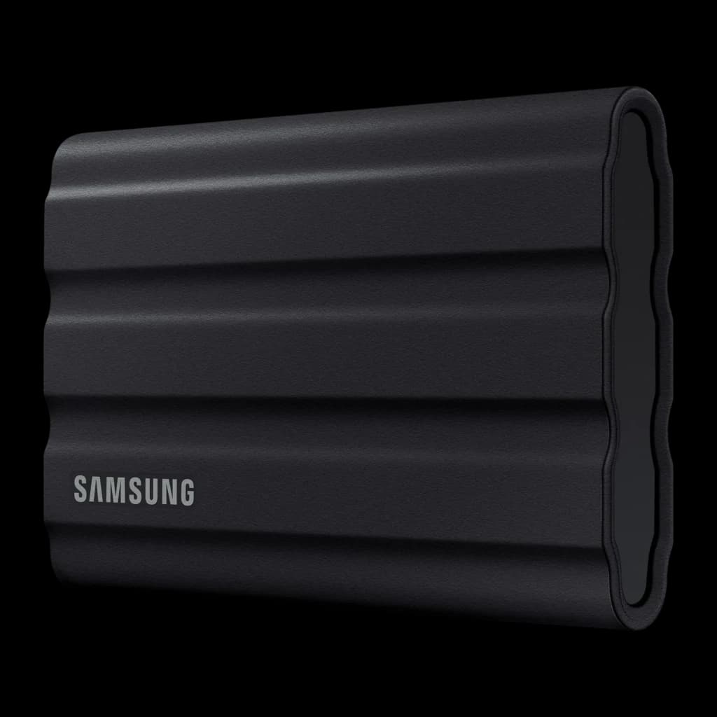 Samsung T7 Shield 2TB noir, vue latérale droite en angle: côté sans port, bords en caoutchouc et rainures nervurées texturées