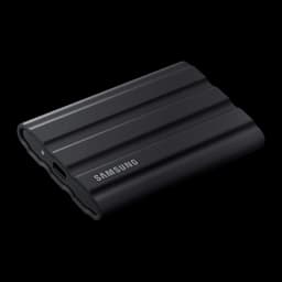 Samsung T7 Shield 2TB noir, vue en perspective du dessus: port USB-C et LED sur le côté, logo SAMSUNG sur la face supérieure