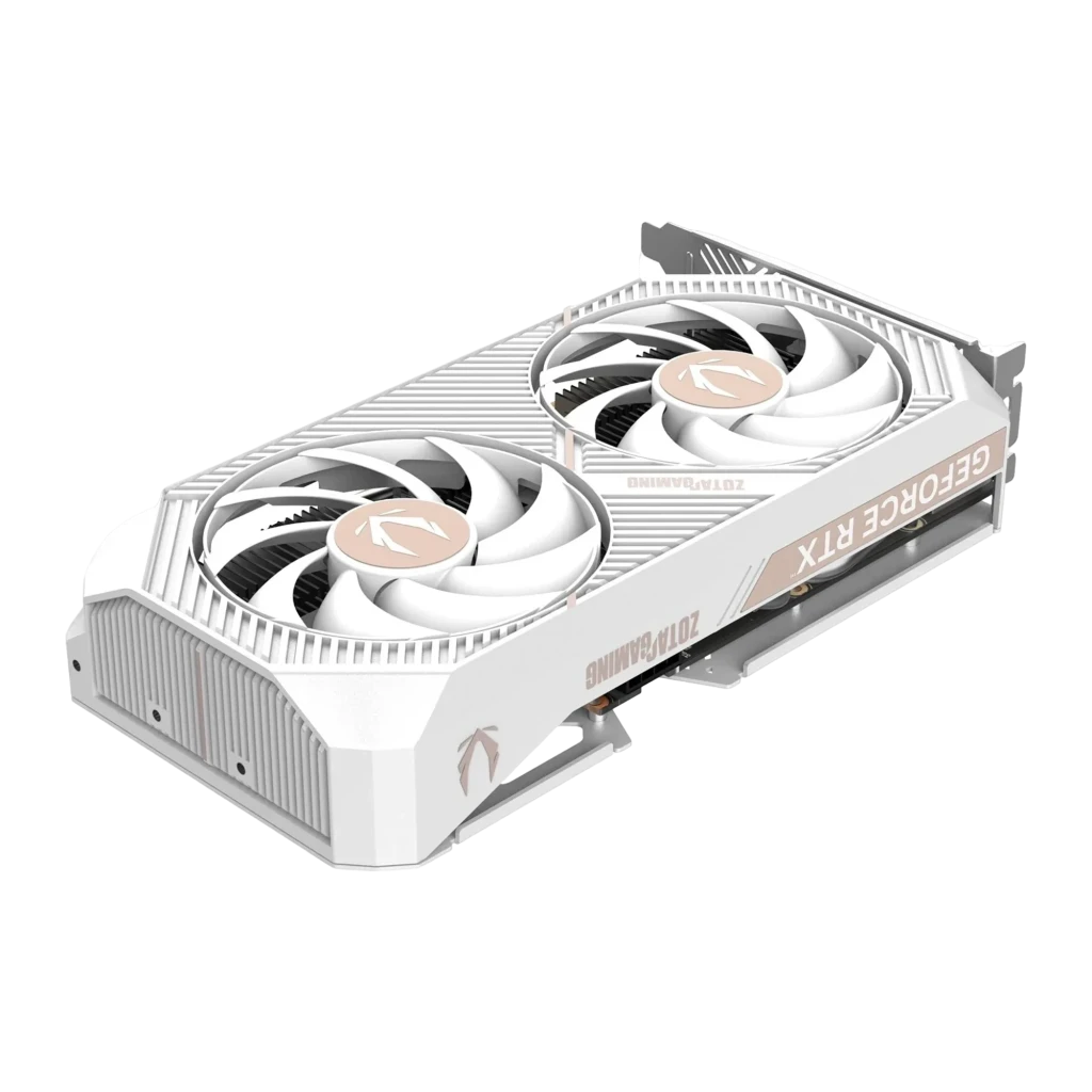 Zotac GAMING GeForce RTX 5050 Twin Edge OC White Edition 8GB blanc, boîte avec carte: packaging blanc et vert aux côtés - Ítem1