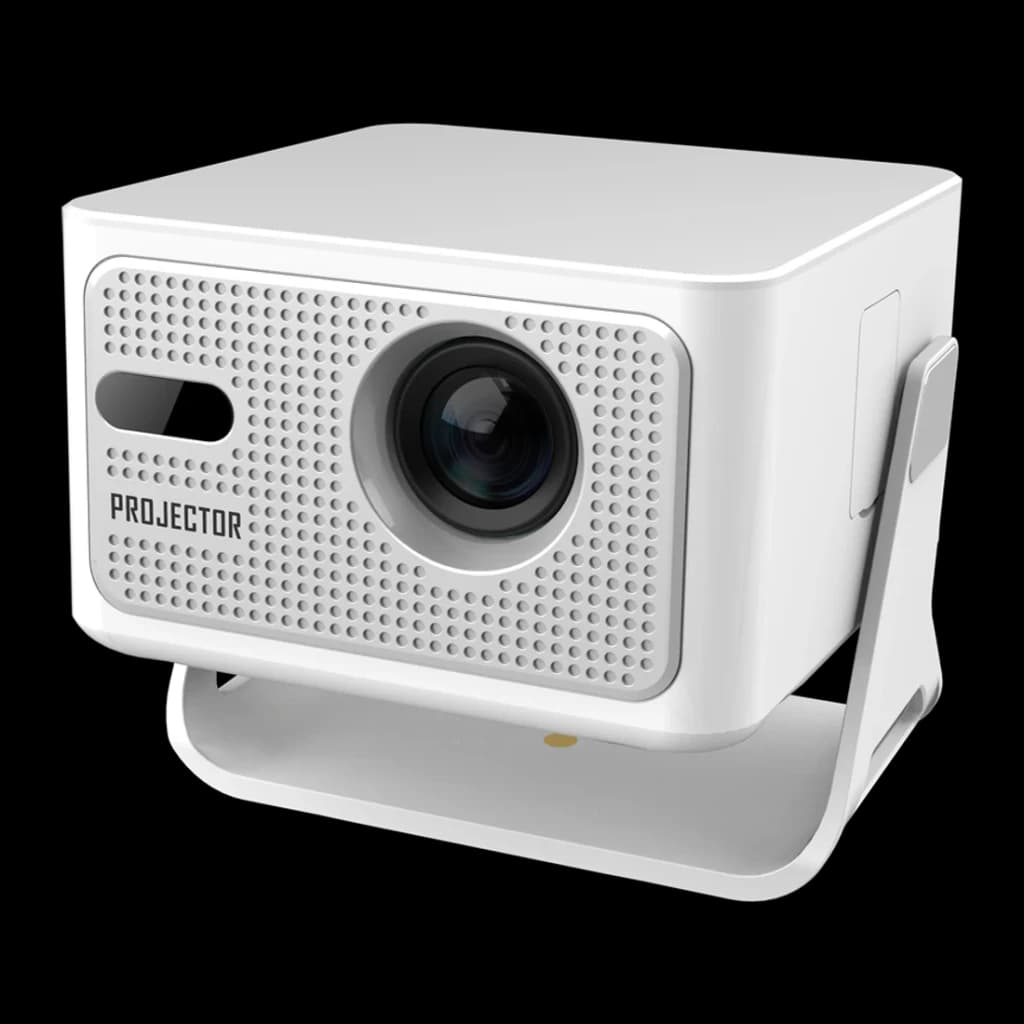 Projetor Magcubic HY320 MAX 720p 390 Lúmens ANSI LCD LED Android 11 Branco, vista frontal em ângulo: lente central, grelha