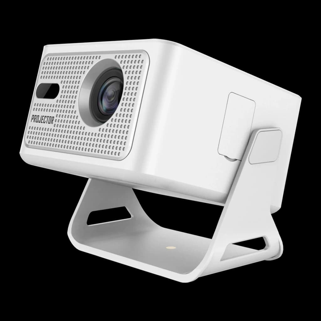 Projetor Magcubic HY320 MAX branco com suporte metálico, design compacto, lente frontal, grade perfurada lateral e base inclinável para ajuste de ângulo
