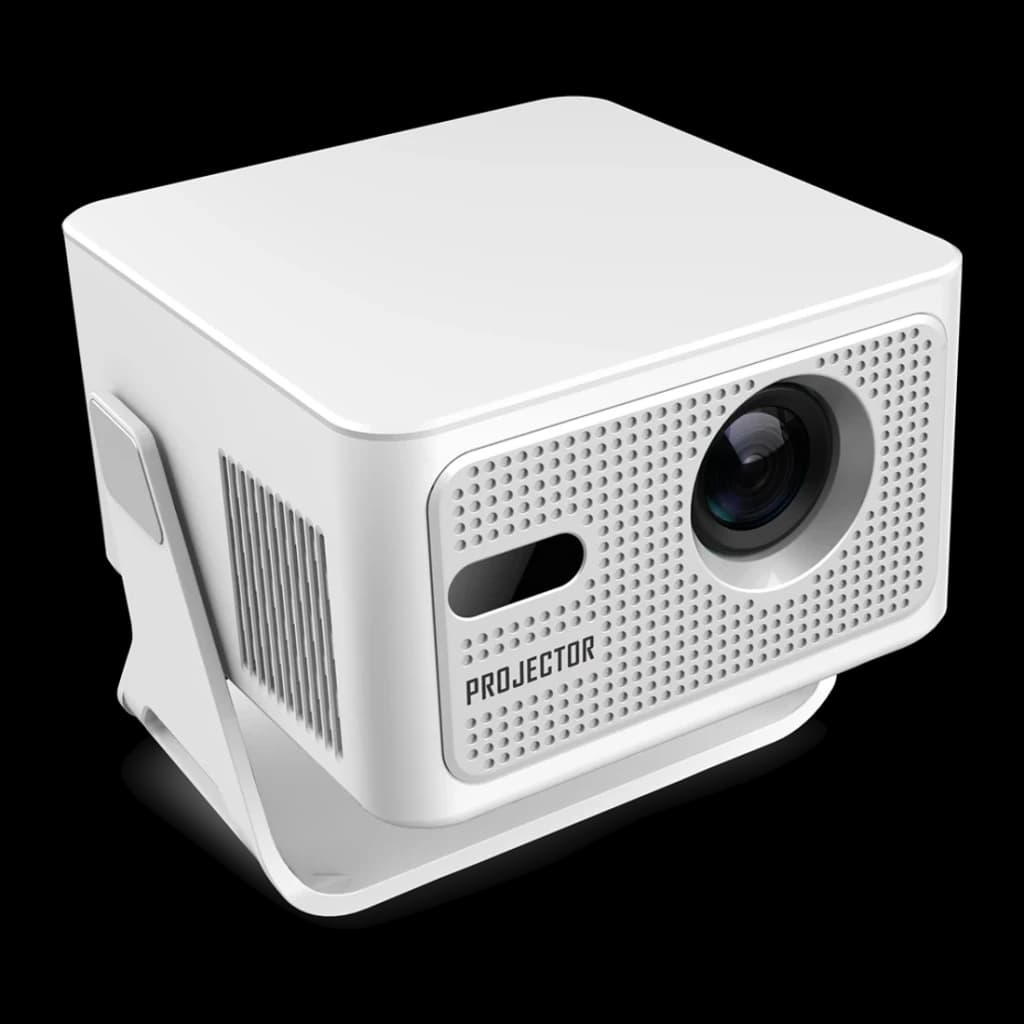 Projetor branco compacto com lente frontal, grelha perfurada, suporte lateral metálico e ventilação lateral; design moderno do Magcubic HY320 MAX 720p