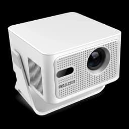 Projetor branco compacto com lente frontal, grelha perfurada, suporte lateral metálico e ventilação lateral; design moderno do Magcubic HY320 MAX 720p