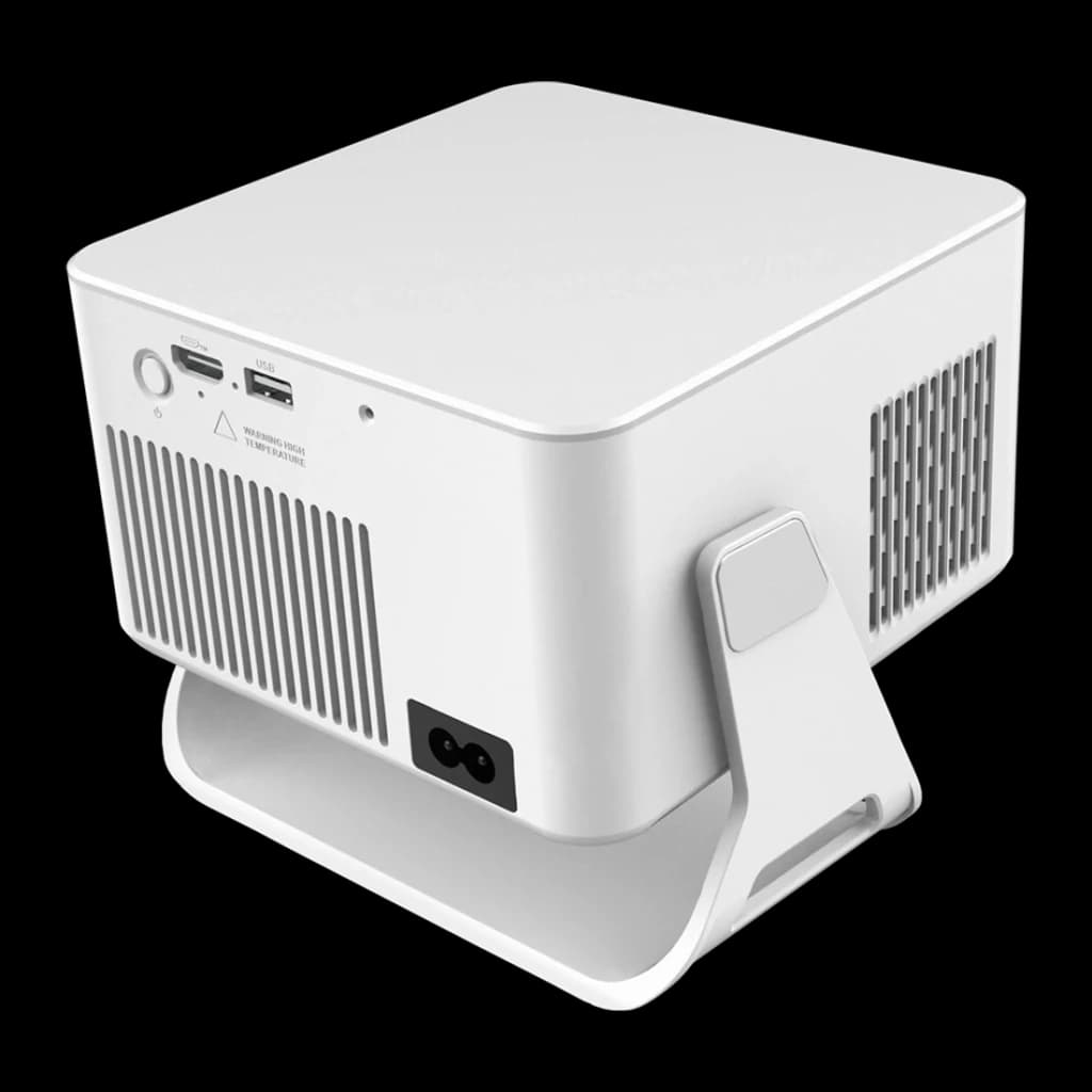 Projetor Magcubic HY320 MAX branco com suporte integrado, entradas HDMI e USB, ventilação lateral e corpo cúbico compacto em acabamento fosco