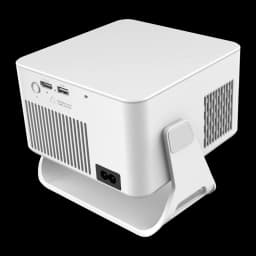 Projetor Magcubic HY320 MAX branco com suporte integrado, entradas HDMI e USB, ventilação lateral e corpo cúbico compacto em acabamento fosco