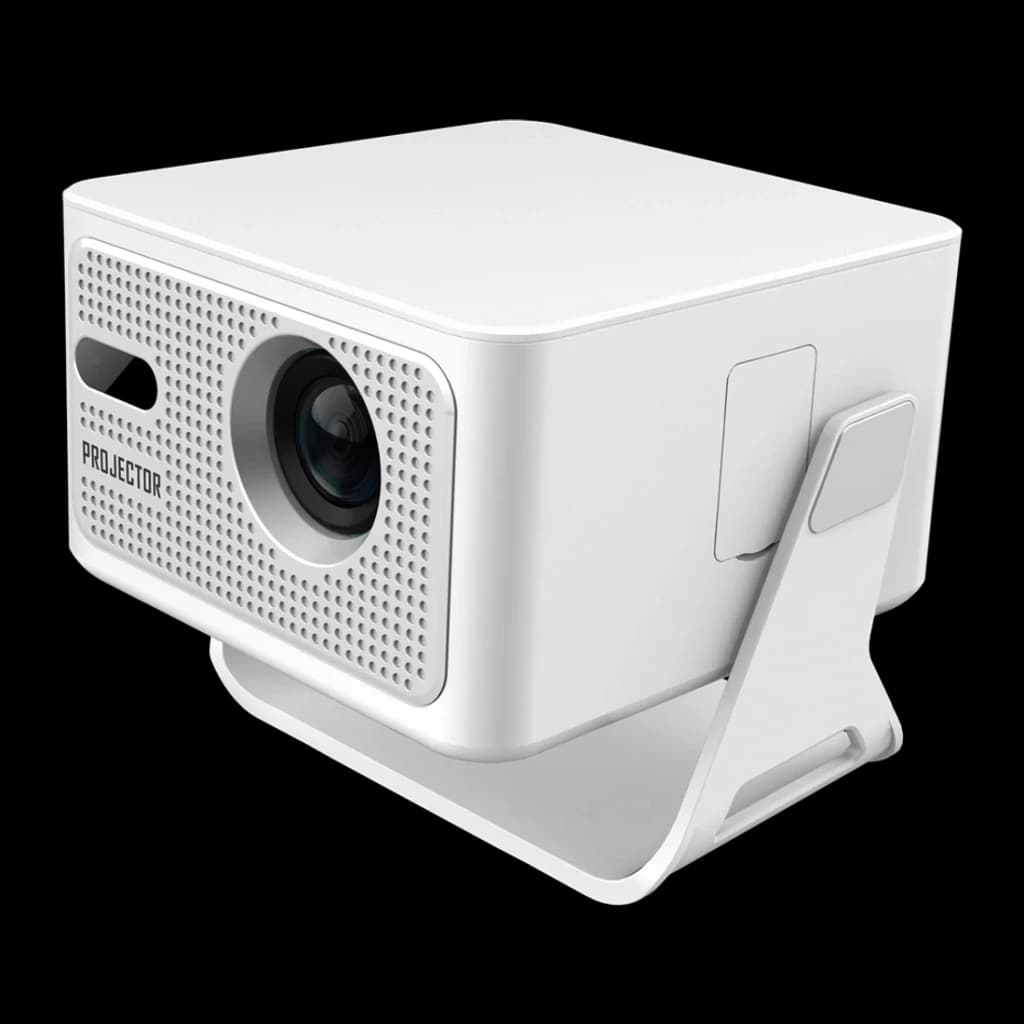 Projetor branco compacto com lente frontal, grelha perfurada e suporte metálico ajustável; design minimalista e portátil para mesa ou prateleira
