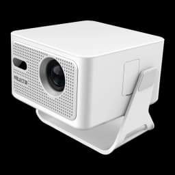 Projetor branco compacto com lente frontal, grelha perfurada e suporte metálico ajustável; design minimalista e portátil para mesa ou prateleira
