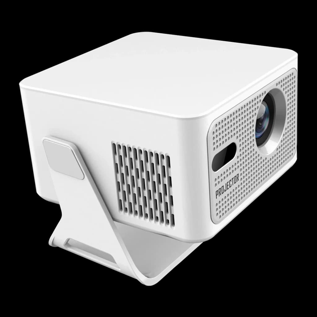 Projetor Magcubic HY320 MAX branco com lente frontal, grelhas laterais de ventilação e suporte metálico inclinável; design compacto e minimalista