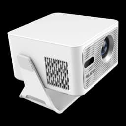 Projetor Magcubic HY320 MAX branco com lente frontal, grelhas laterais de ventilação e suporte metálico inclinável; design compacto e minimalista