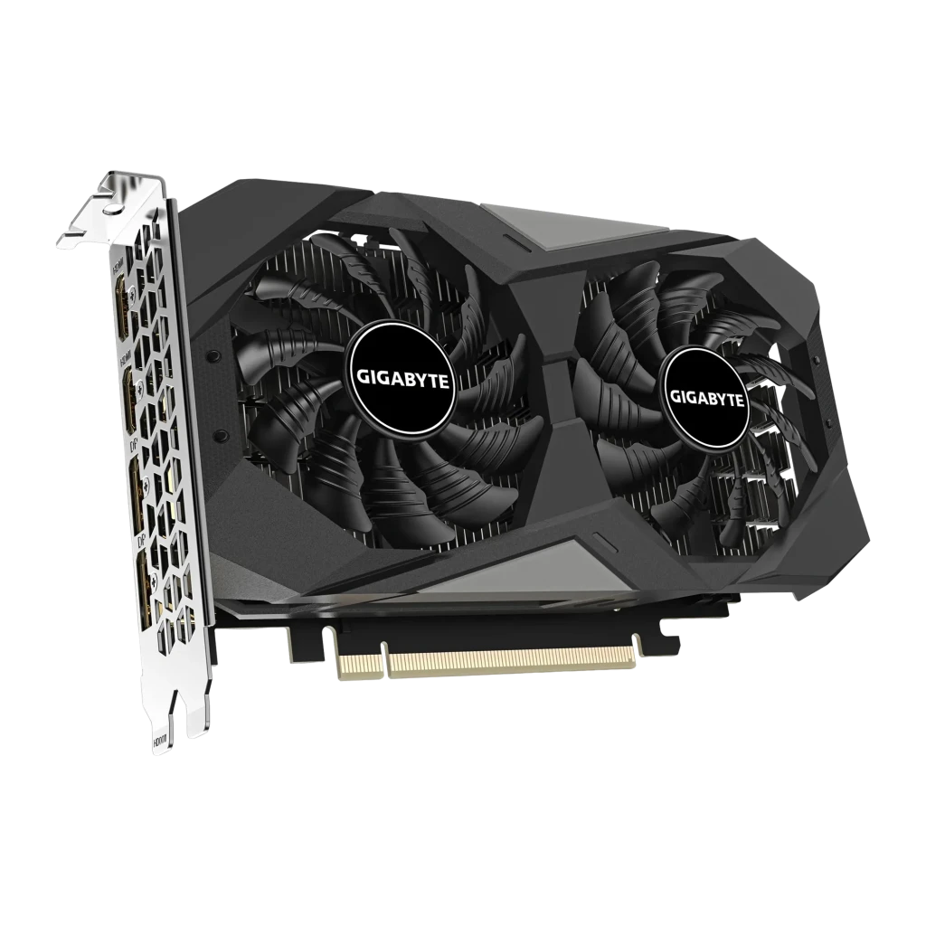 Gigabyte RTX 3050 WINDFORCE OC V2 6GB preto prata, vista com caixa: placa e embalagem laranja preto juntas - Item2
