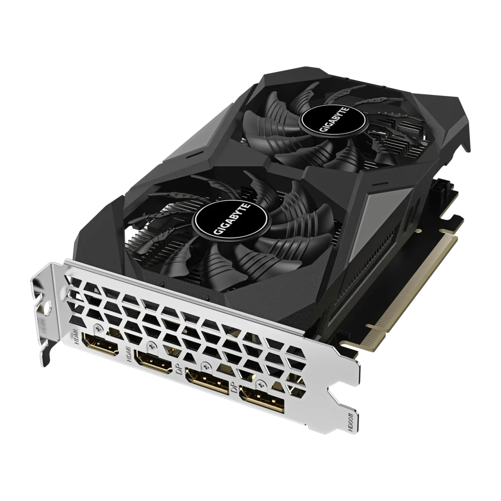 Gigabyte RTX 3050 WINDFORCE OC V2 6GB preto prata, vista com caixa: placa e embalagem laranja preto juntas - Item1