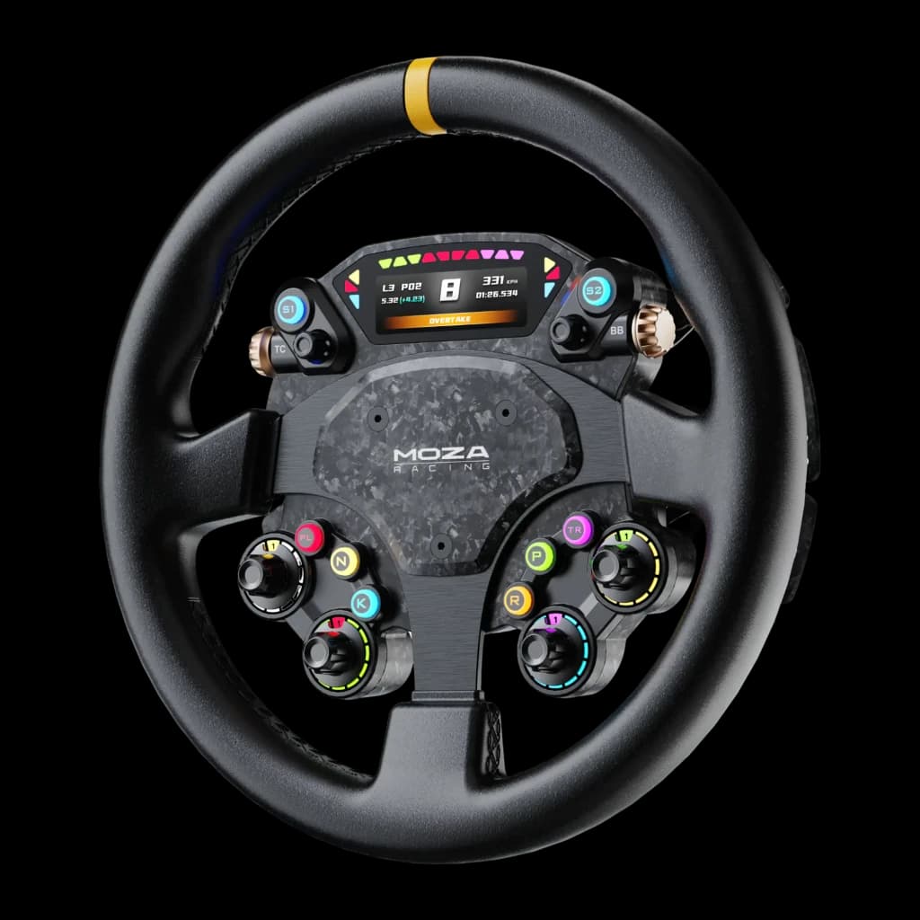 MOZA Racing CS Pro Steering Wheel preto, vista frontal: ecrã TFT, botões multicolor e cubo em fibra de carbono