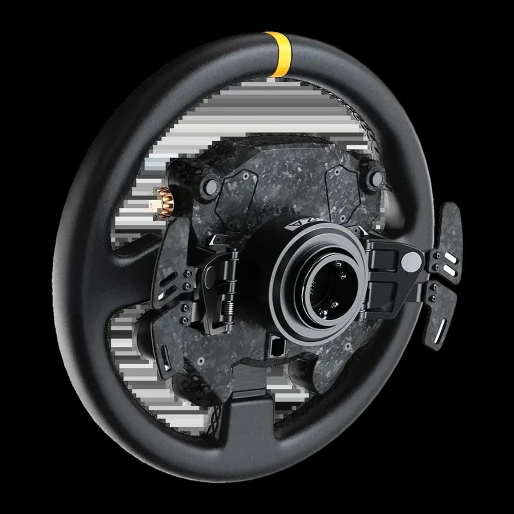 MOZA Racing CS Pro Steering Wheel preto, vista traseira em ângulo: conector central, paddles e estrutura de carbono