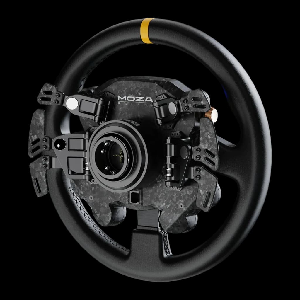 MOZA Racing CS Pro Steering Wheel preto, vista traseira direta: conector QR, paddles simétricos e placa de carbono