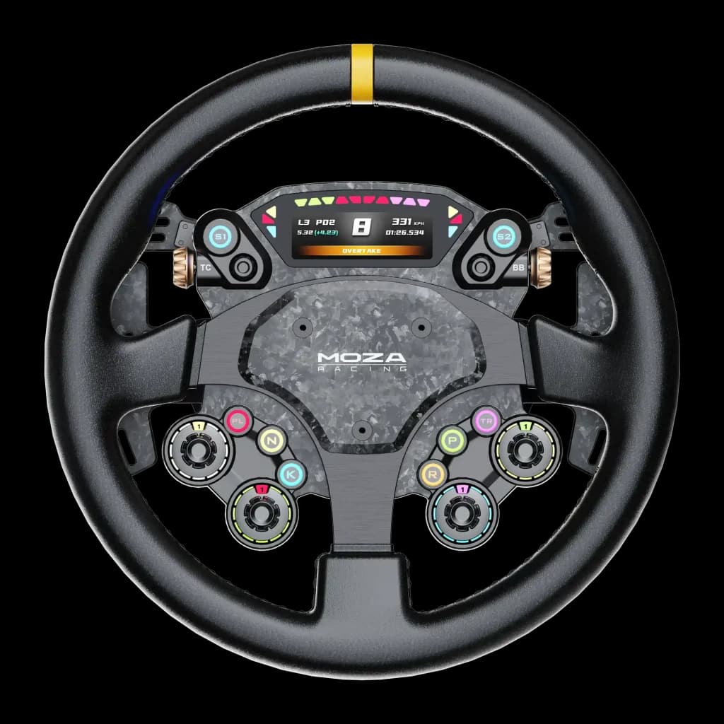MOZA Racing CS Pro Steering Wheel preto, vista frontal: ecrã LCD central, botões RGB, cubo em fibra de carbono e aro em couro