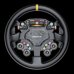 MOZA Racing CS Pro Steering Wheel preto, vista frontal: ecrã LCD central, botões RGB, cubo em fibra de carbono e aro em couro