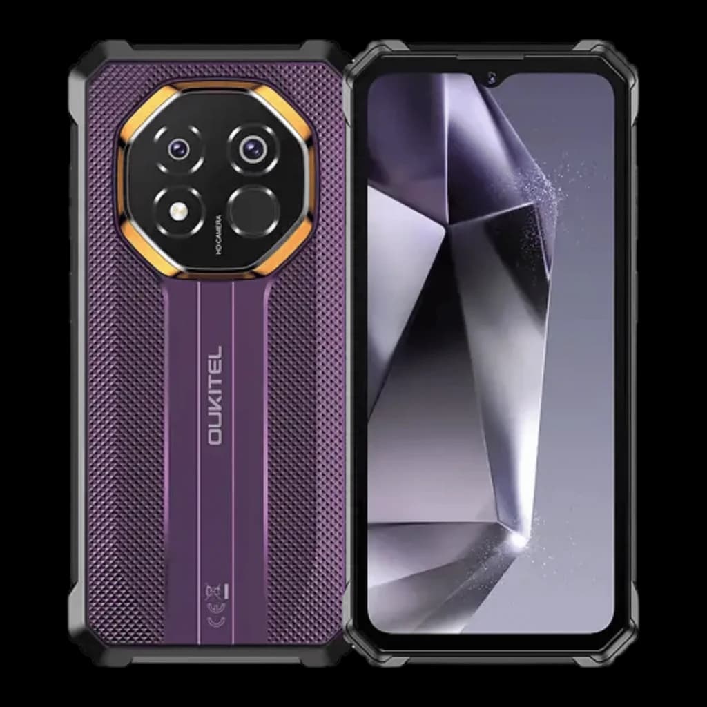 Oukitel G7 8GB/256GB Lila Rugged con carcasa robusta morada, triple cámara trasera circular con aro dorado, pantalla frontal amplia con notch central