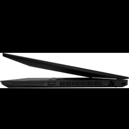Lenovo ThinkPad T14 Gen 3 semiabierto negro, perfil lateral delgado con rejillas de ventilación, puertos USB y diseño robusto renovado estado premium