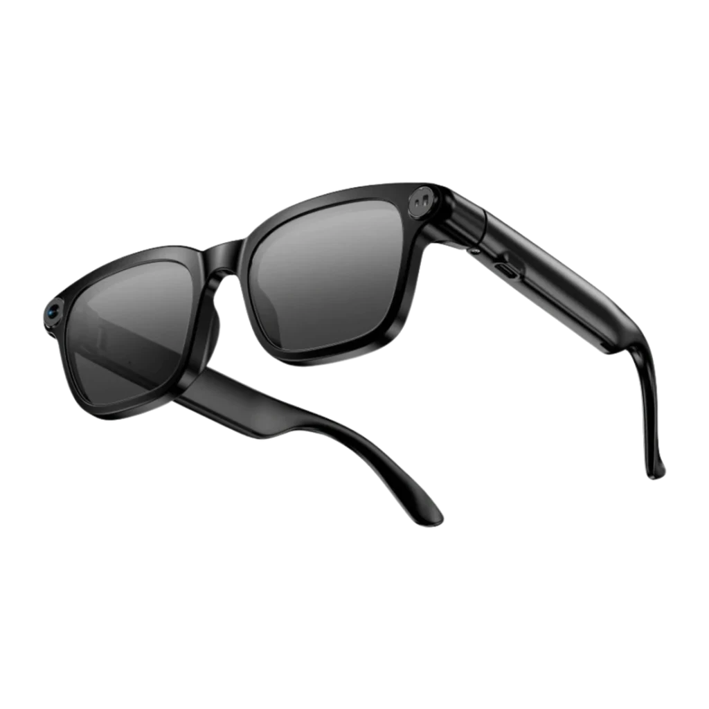 Smartglasses M08 Photochromic Noir 8MP Haut-parleurs intégrés Photochromique, vue diagonale: monture noire, verres photochromiques