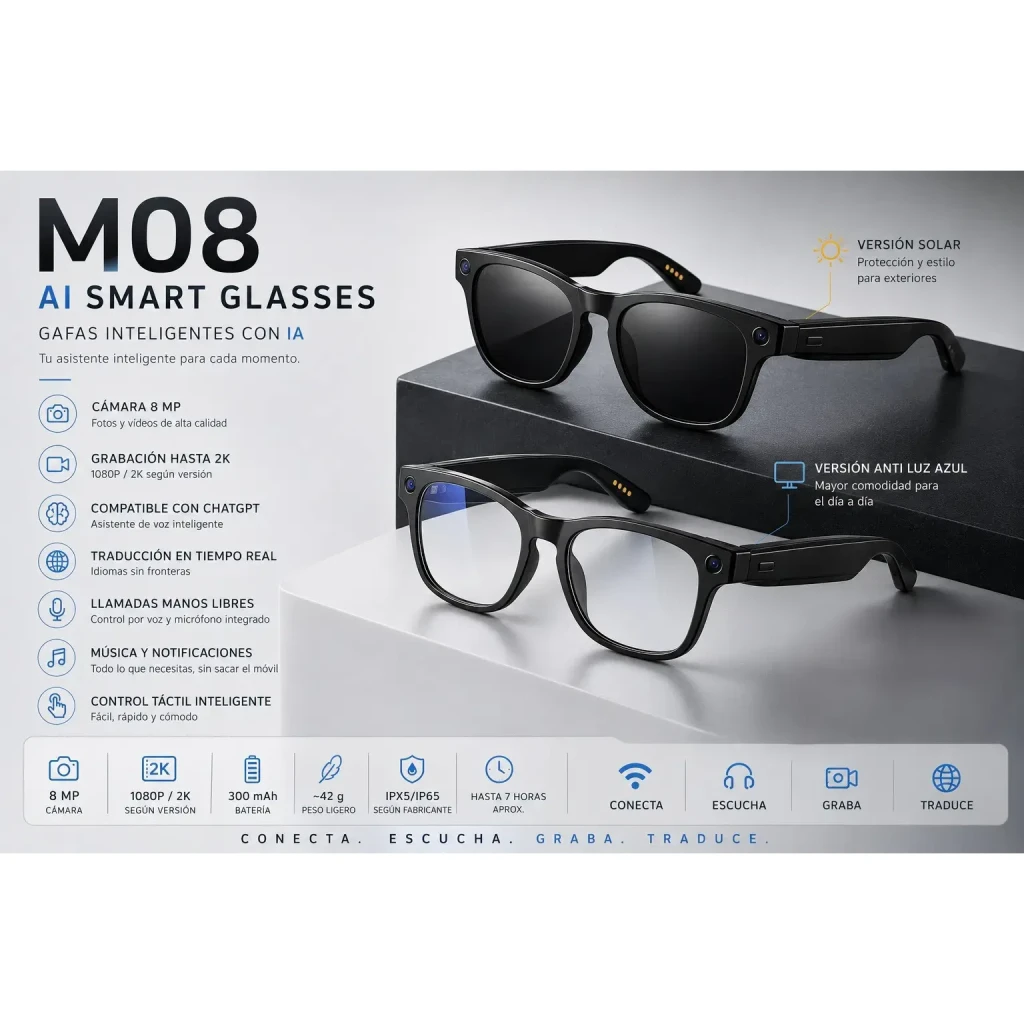 Smartglasses M08 Photochromic Noir avec verres photochromiques, caméra 8 MP, monture noire élégante et haut‑parleurs intégrés discrètement dans les