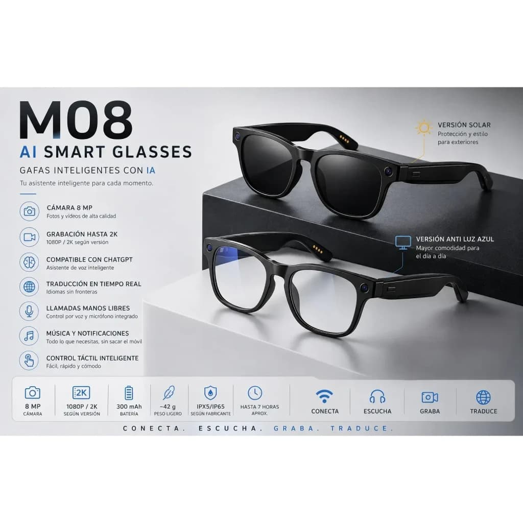 Smartglasses M08 Photochromic Noir avec verres photochromiques, caméra 8 MP, monture noire élégante et haut‑parleurs intégrés discrètement dans les