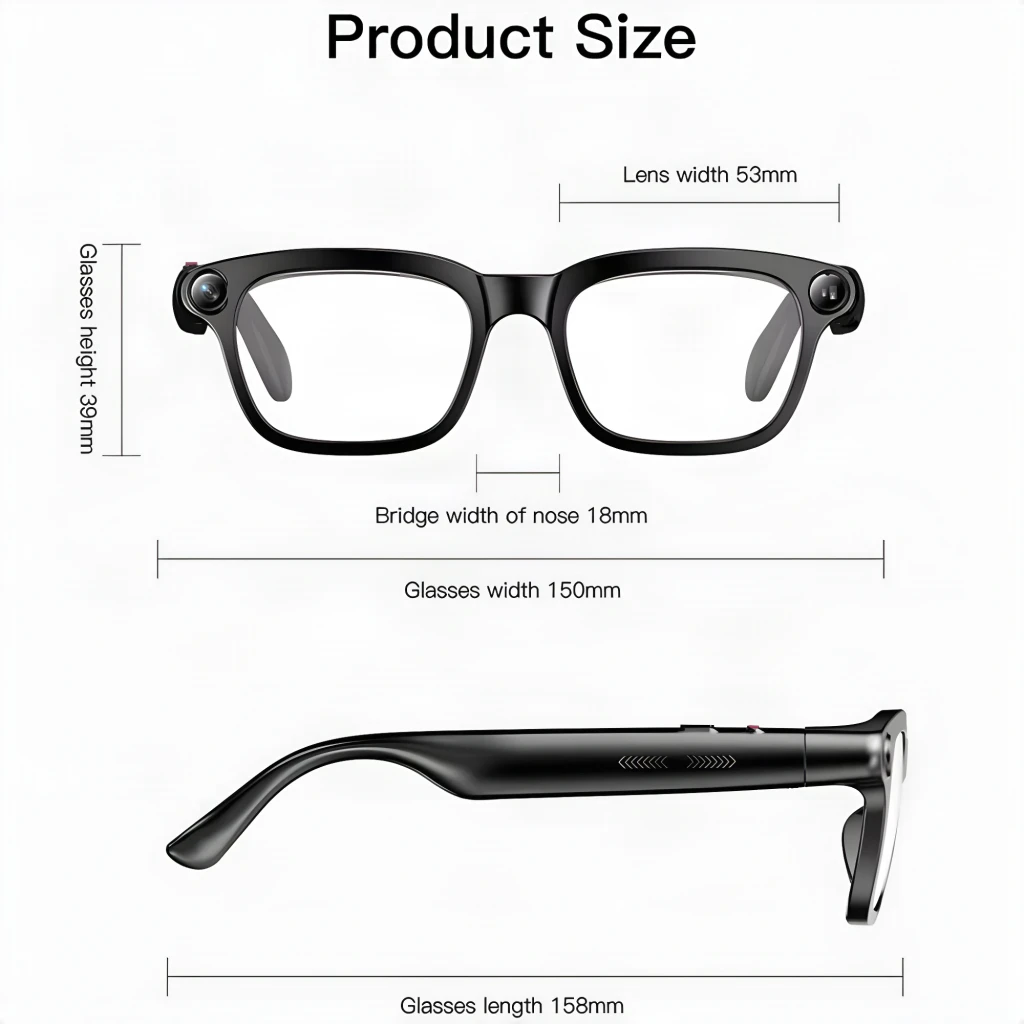 Lunettes connectées noires avec caméras 8MP intégrées, verres photochromiques, haut‑parleurs discrets et monture 150 mm; branches 158 mm, pont 18 mm.