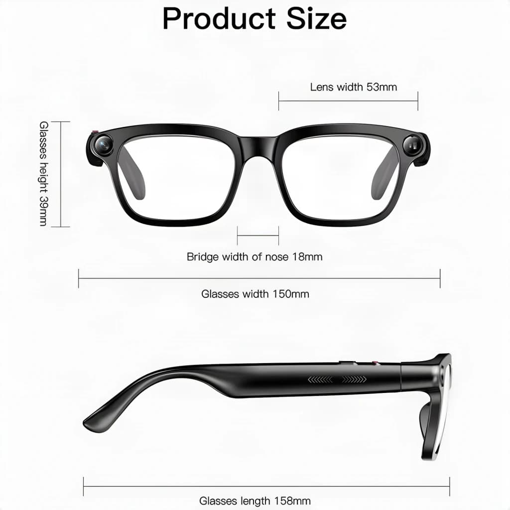 Lunettes connectées noires avec caméras 8MP intégrées, verres photochromiques, haut‑parleurs discrets et monture 150 mm; branches 158 mm, pont 18 mm.