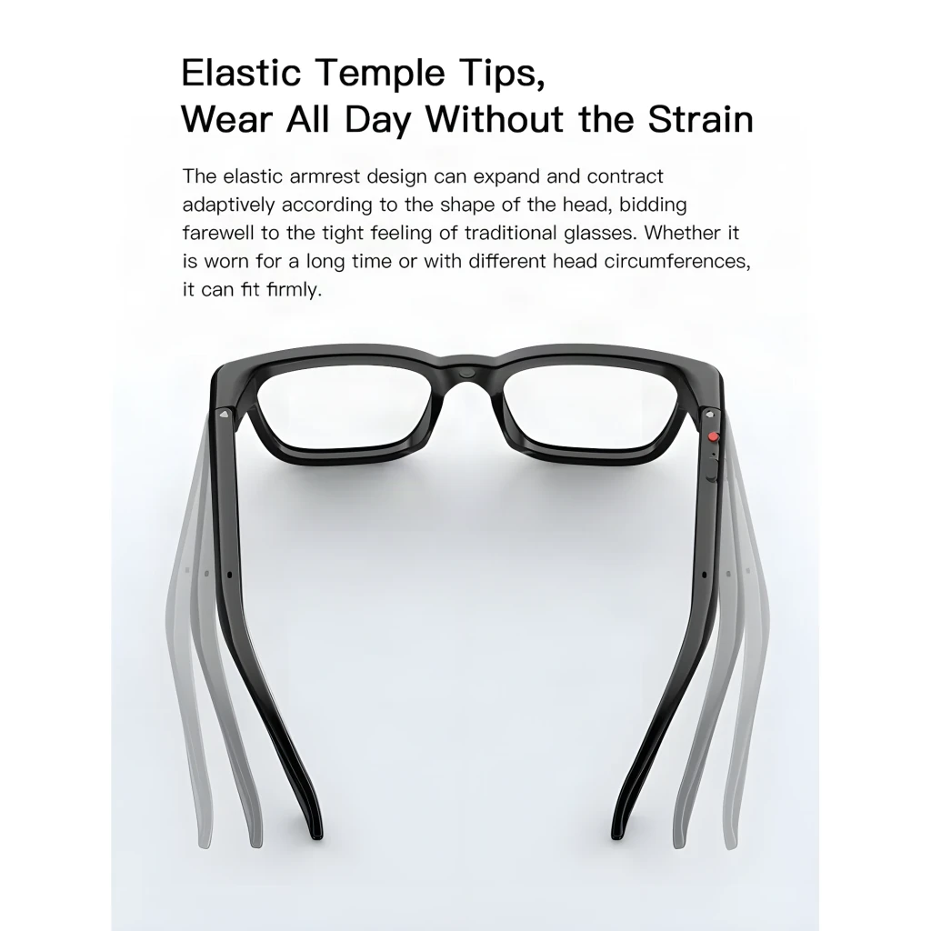 Branches élastiques des Smartglasses M08 Photochromic Noir, s’adaptant à la tête pour un maintien confortable et ajusté, haut‑parleurs intégrés,
