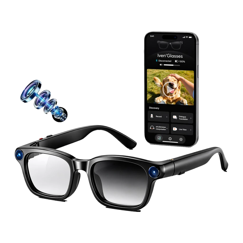 Smartglasses M08 Photochromic Noir avec verres photochromiques, caméra 8 MP intégrée, haut-parleurs embarqués et app mobile de contrôle