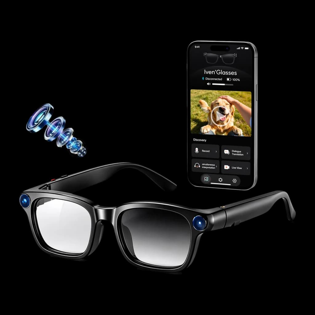 Smartglasses M08 Photochromic Noir avec verres photochromiques, caméra 8 MP intégrée, haut-parleurs embarqués et app mobile de contrôle
