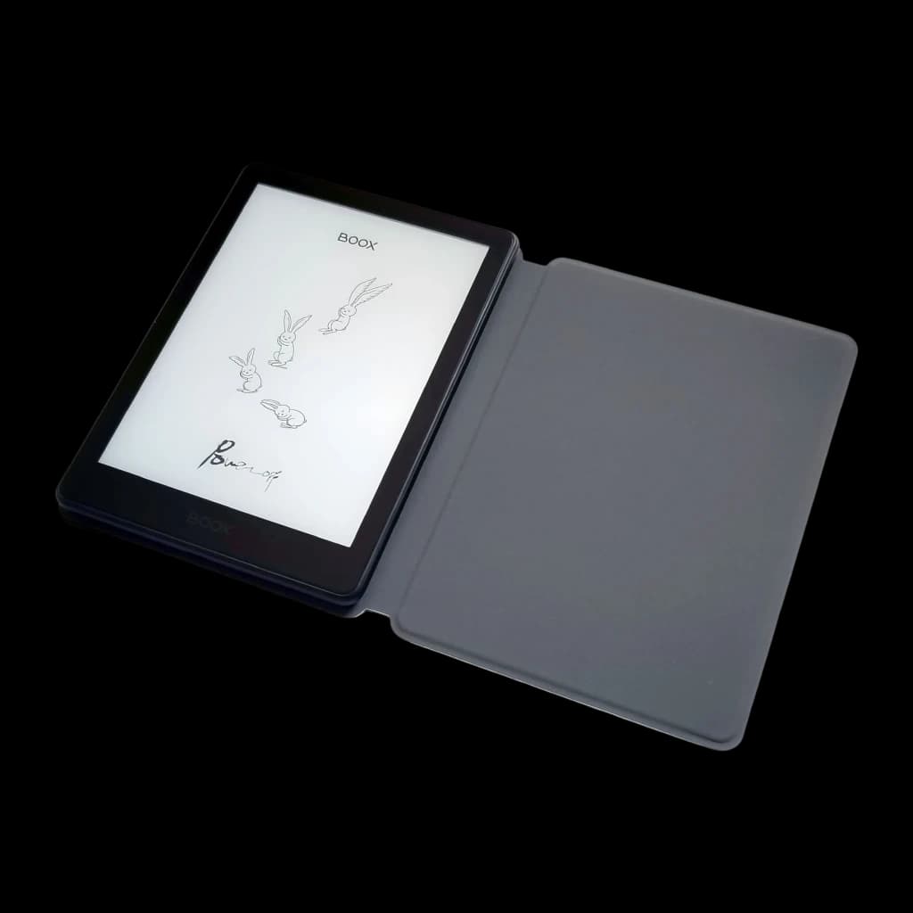 Funda BOOX Magnetic Note Air6 C gris, abierta: interior gris con tablet encajada mostrando pantalla con ilustraciones