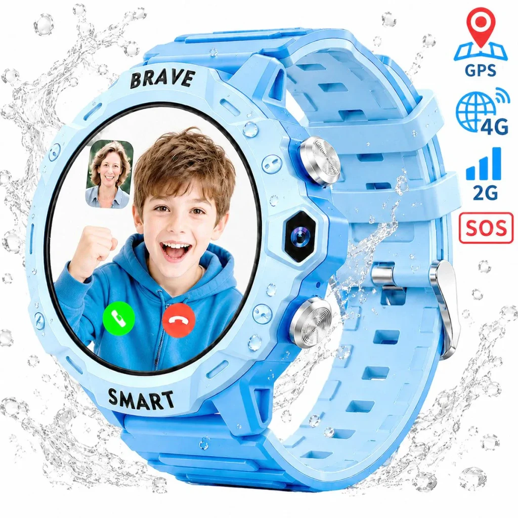 Uponor T75 Kids Smart Watch Gris, vista frontal: correa azul, pantalla con videollamada, salpicaduras de agua, iconos GPS 4G