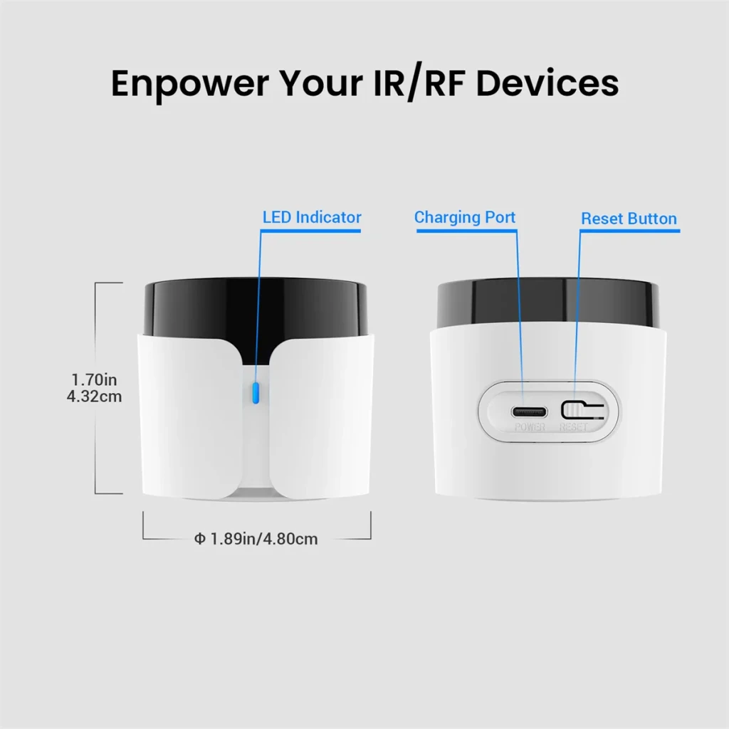 Broadlink RM5, vistas frontal y trasera: indicador LED azul, puerto de carga USB-C y botón reset con dimensiones