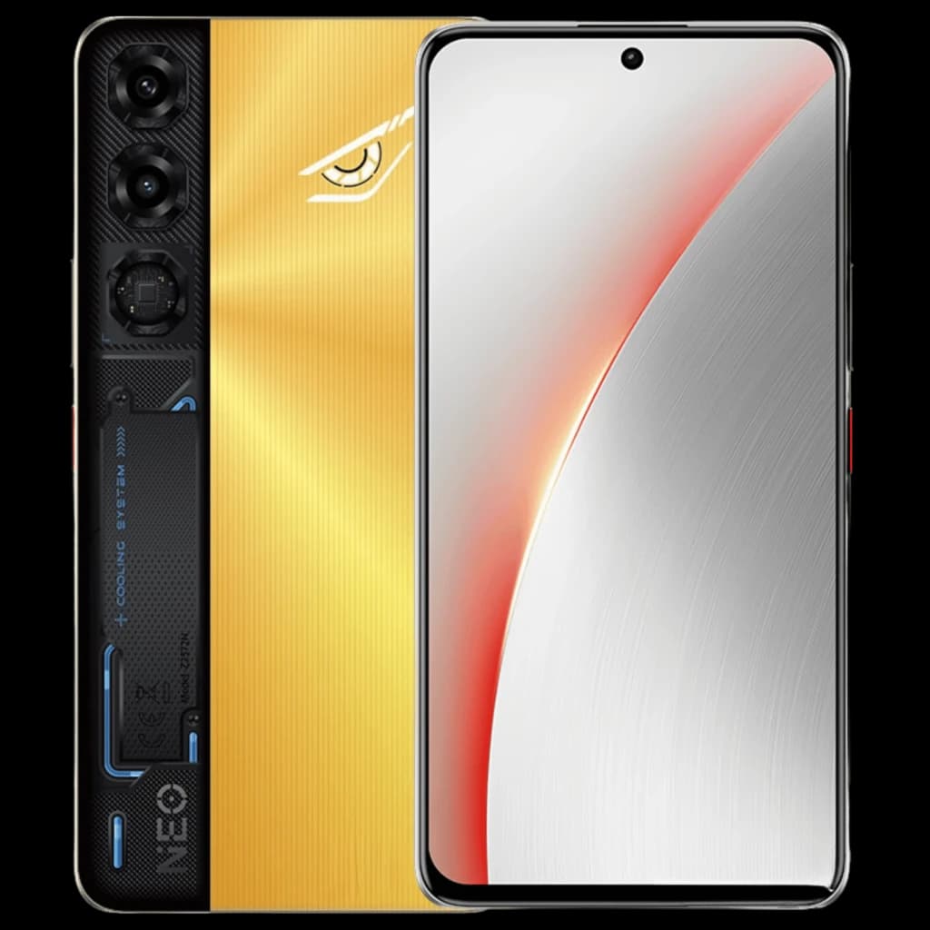 Nubia Neo 5 Max 8GB 256GB Titanium Gold com traseira dourada texturizada, detalhe olho gamer, módulo triplo de câmeras e tela frontal com furo central