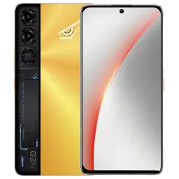 Nubia Neo 5 Max 8GB 256GB Titanium Gold com traseira dourada texturizada, detalhe olho gamer, módulo triplo de câmeras e tela frontal com furo central