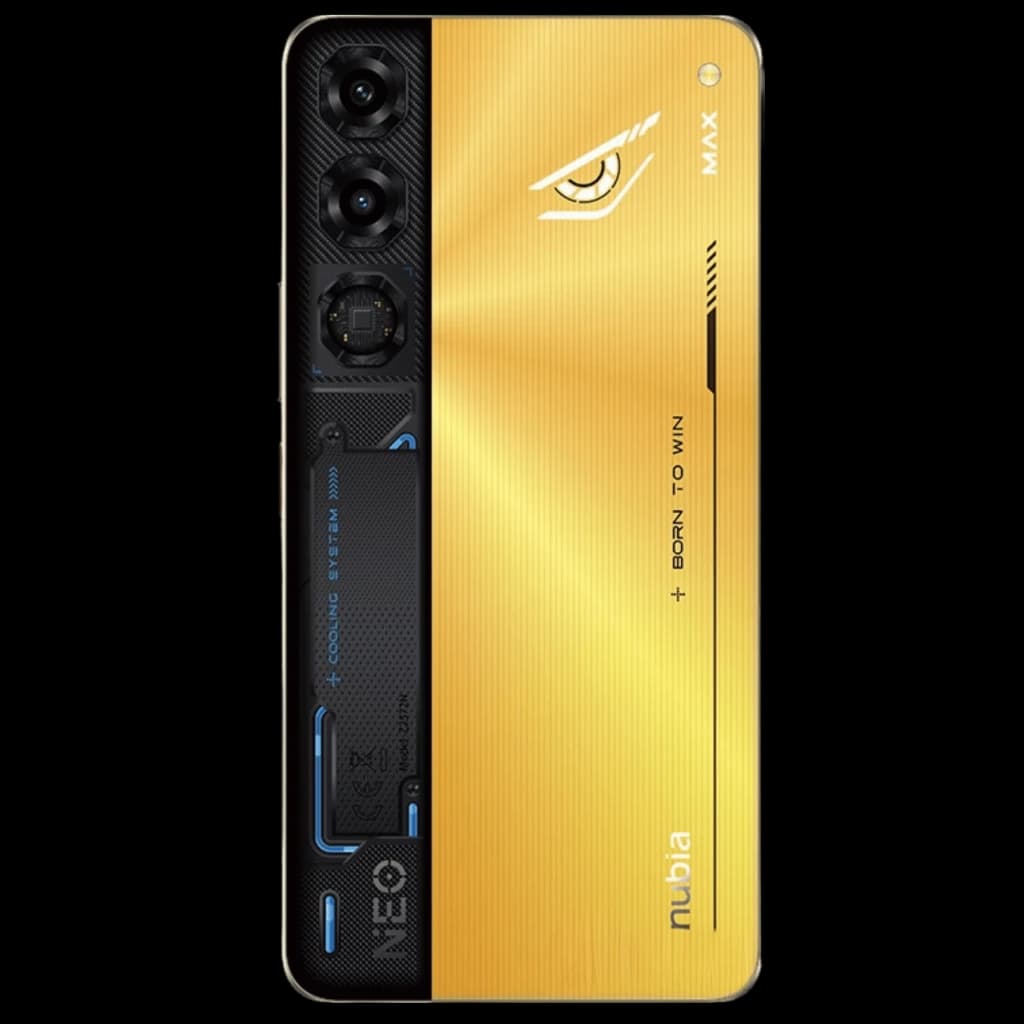 Nubia Neo 5 Max 8GB 256GB em Titanium Gold com traseira dourada texturizada, módulo de câmera tripla vertical, detalhes gamer azuis e logotipo olho estilizado