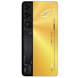 Nubia Neo 5 Max 8GB 256GB em Titanium Gold com traseira dourada texturizada, módulo de câmera tripla vertical, detalhes gamer azuis e logotipo olho estilizado