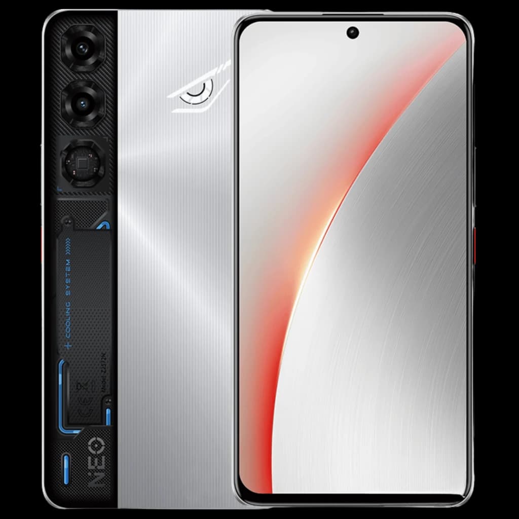 Nubia Neo 5 Max prateado com tela cheia perfurada, traseira Cyber Silver com detalhes em fibra de carbono, módulo triplo de câmeras e acentos azuis