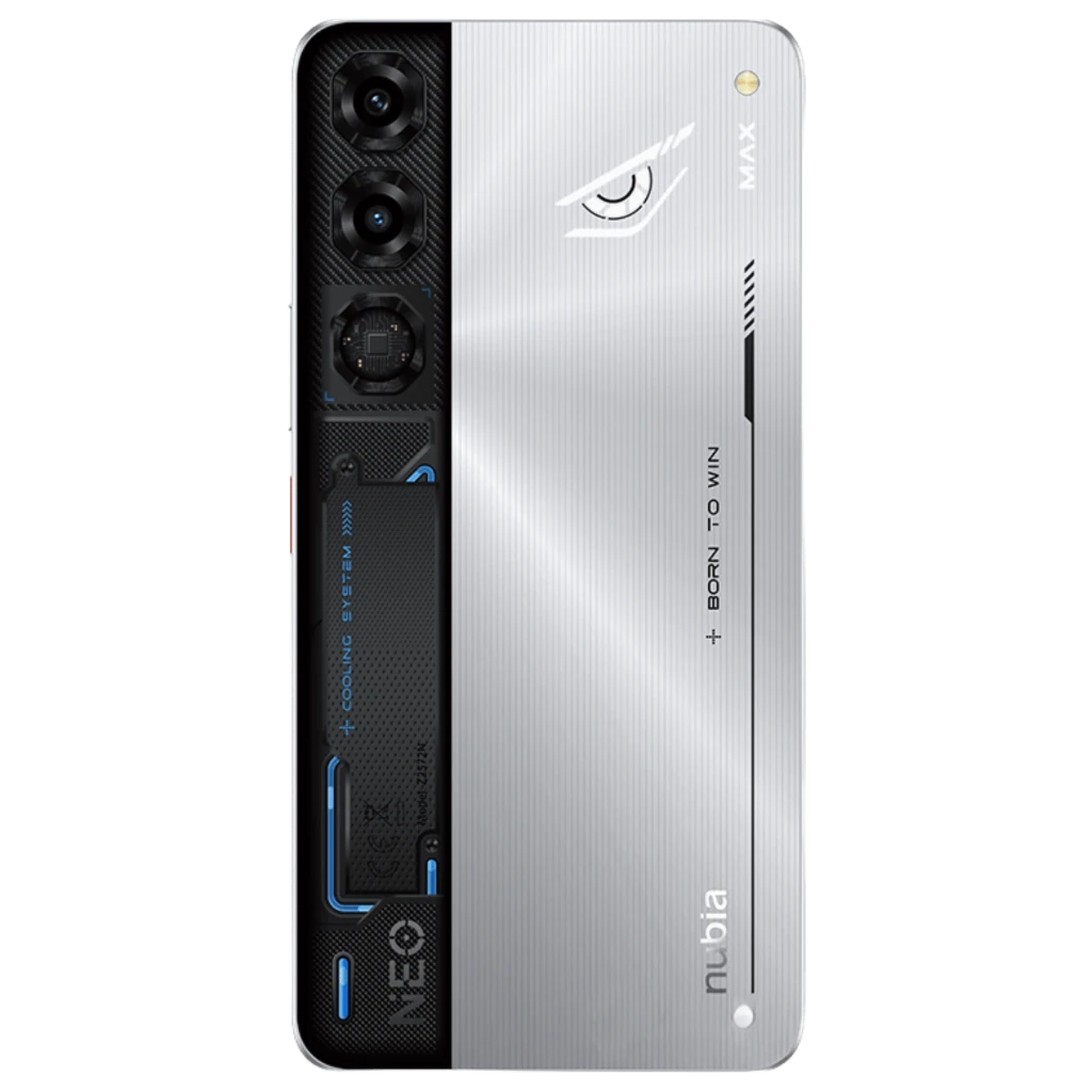 Nubia Neo 5 Max Cyber Silver avec écran bord à bord perforé, dos argent brossé, modules photo verticaux et accents noirs et bleus tech - Ítem16