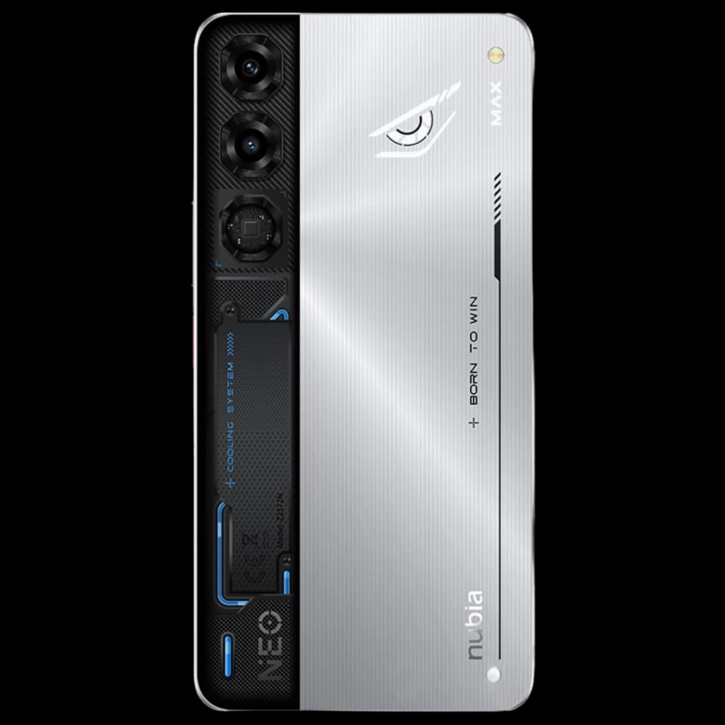 Nubia Neo 5 Max Cyber Silver com traseira prateada, módulos de câmera verticais, detalhe de olho iluminado e faixa preta gamer; texto Born to Win.