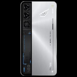 Nubia Neo 5 Max Cyber Silver com traseira prateada, módulos de câmera verticais, detalhe de olho iluminado e faixa preta gamer; texto Born to Win.